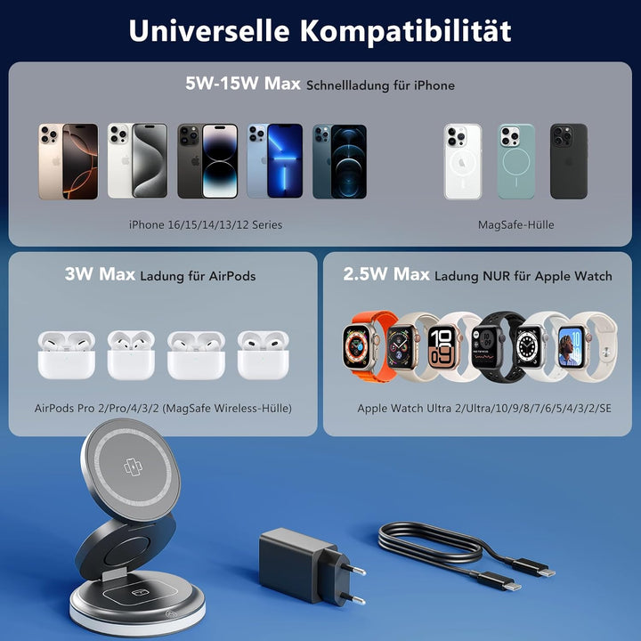 3-in-1 Ladestation Apple Watch und iPhone, 15W Ladegerät für Magsafe mit Nachtlicht Kompatibel mit i
