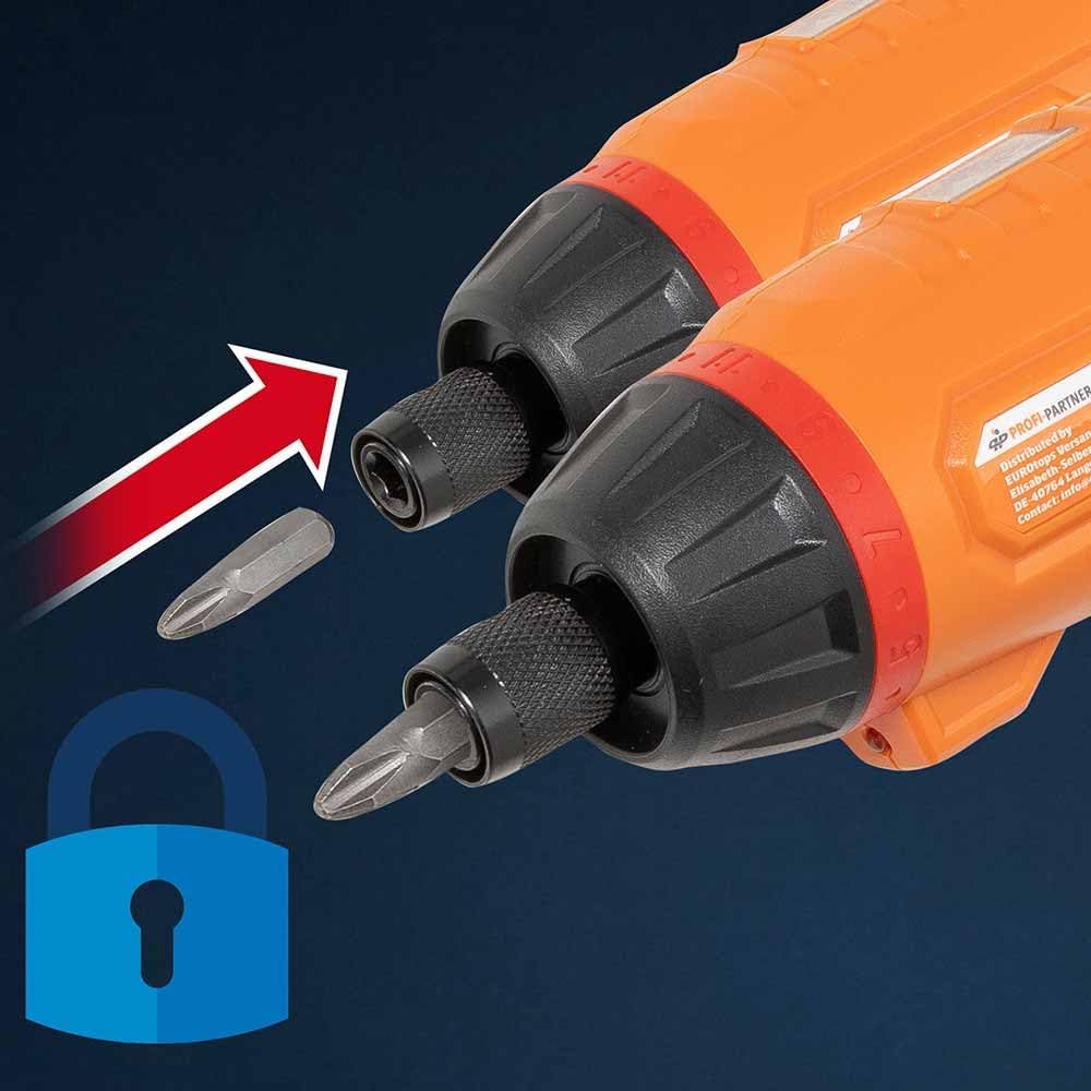 Akkuschrauber „Knick & Klick“ – 4 V Drehmoment-Schrauber mit LED-Licht, Schnellspannfutter & Alukoff