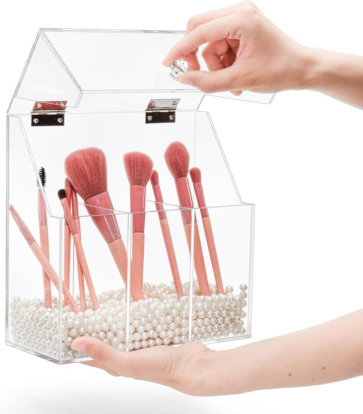 Okllen Make-up-Pinselhalter mit Staubdichtem Deckel, Weisse Perlen, Transparenter Acryl-Make-up-Pins
