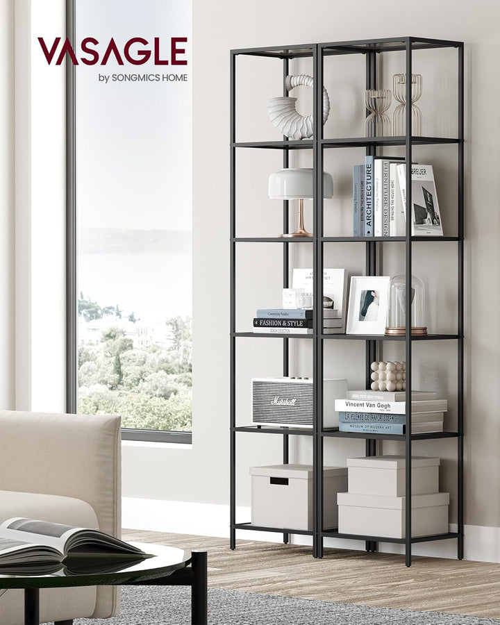 VASAGLE Badregal mit 6 Ablagen, gehärtetes Glas, einfache Montage für Badezimmer, Wohnzimmer, Küche,