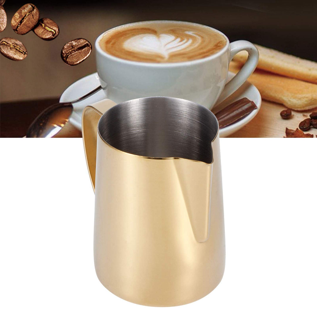 Milchschaum Krug, Gold Edelstahl Milchkännchen Aufschäumkännchen mit Spitzer Ausguss Kaffee Dampfkru