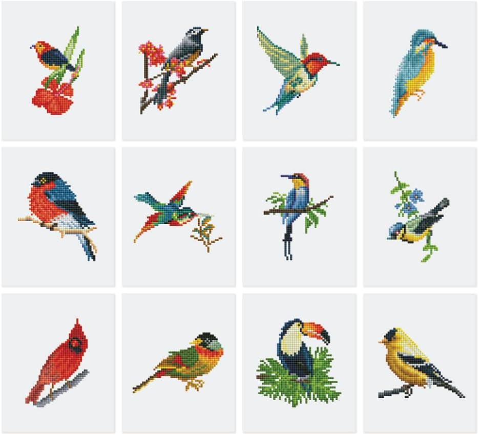 Figured'Art Mini Serie Diamond Painting Erwachsene - Buntes Vogelparadies - Premium-Box mit 12 Stück