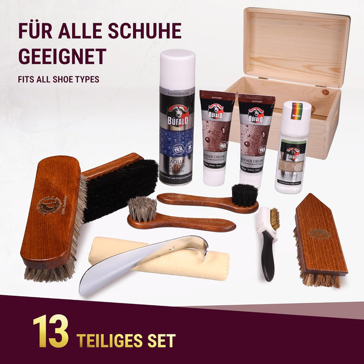Rosshaar Schuhputzset für Leder 13tlg - Schuhputzkasten Venezia - Rosshaar Tiegelbürste und extra we