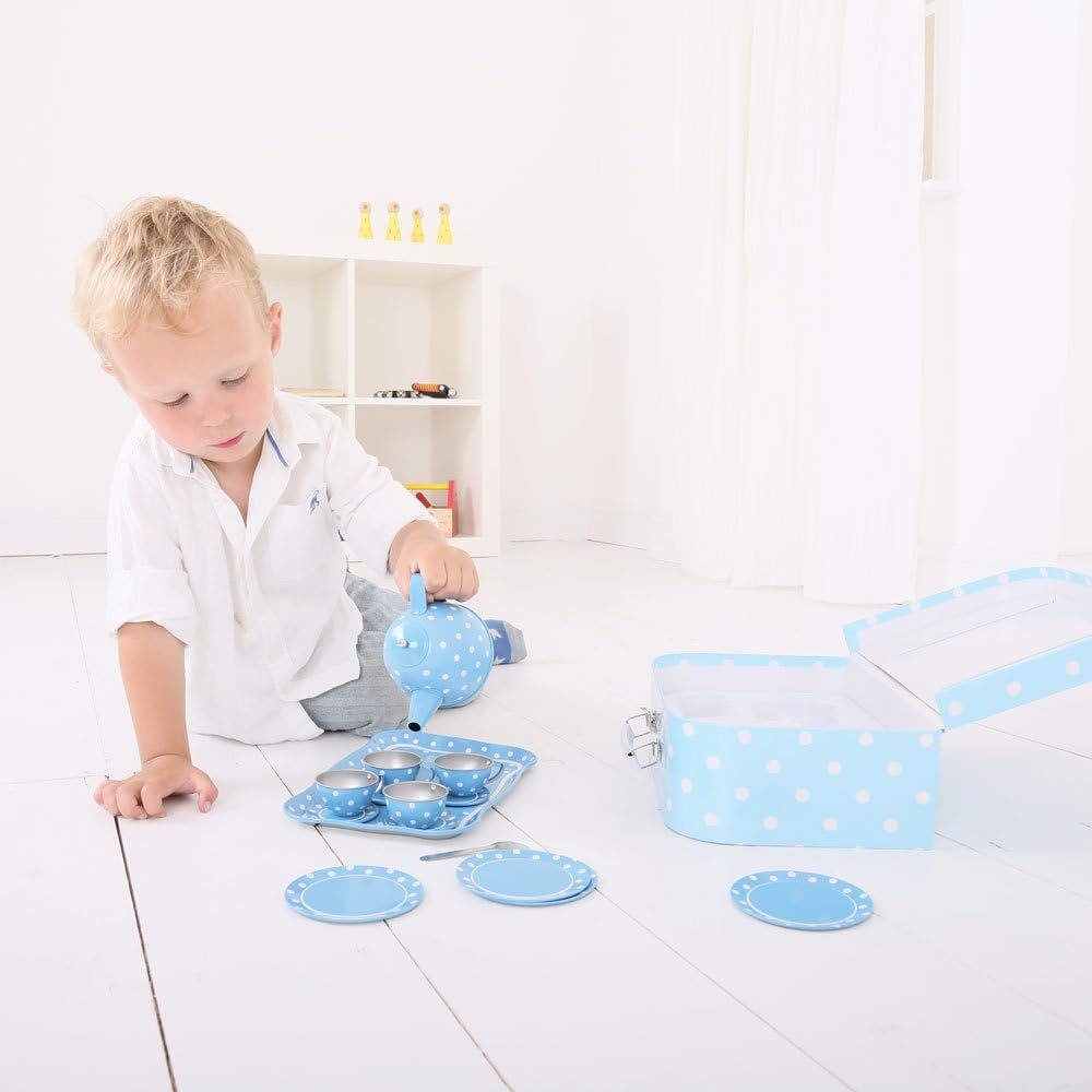 Bigjigs Toys Blau-weiss gepunktetes Teeservice