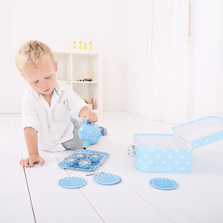Bigjigs Toys Blau-weiss gepunktetes Teeservice