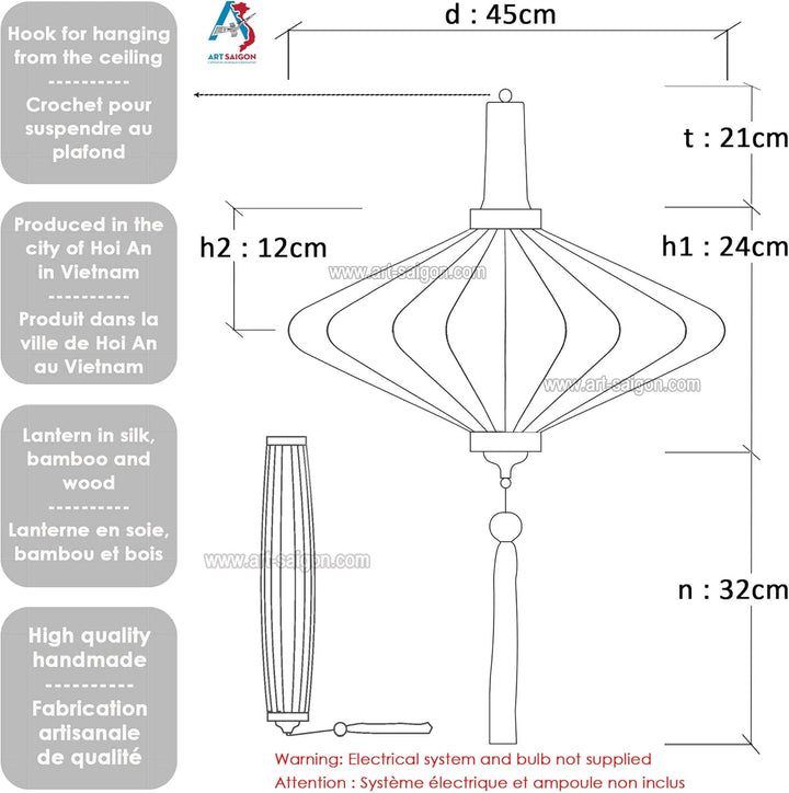Traditioneller asiatischer Lampion aus Seide, Orange, P, Durchmesser 45 cm – Laterne von Hoi an aus