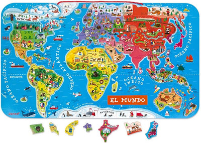 Janod J05503 Puzzle Magnetische Landkarte Die Welt aus Holz 92 Teile, Spanisch Spanisch Single, Span