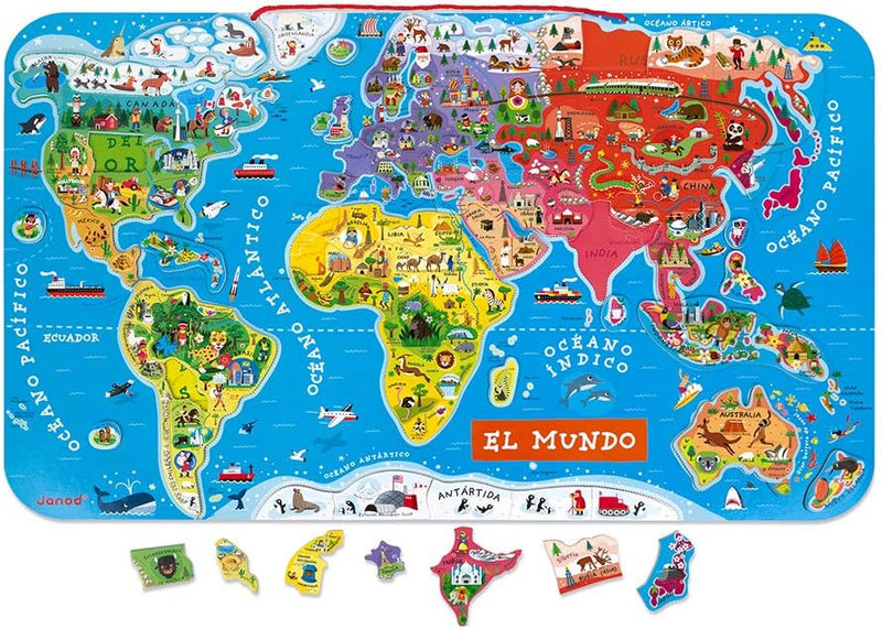 Janod J05503 Puzzle Magnetische Landkarte Die Welt aus Holz 92 Teile, Spanisch Spanisch Single, Span