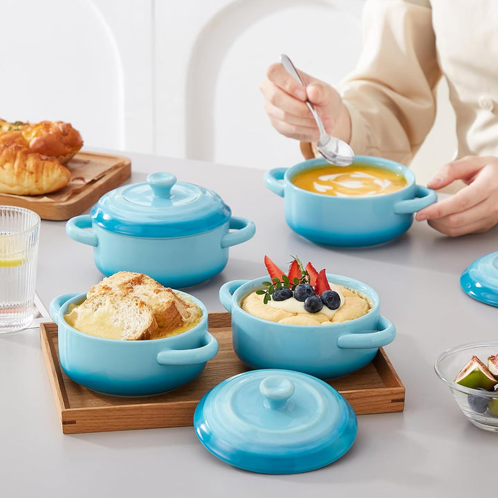 LOVECASA Kleine Auflaufform aus Steinzeug, 4 x 380 ml Mini-Cocotte mit Deckel, Souffle Förmchen Back