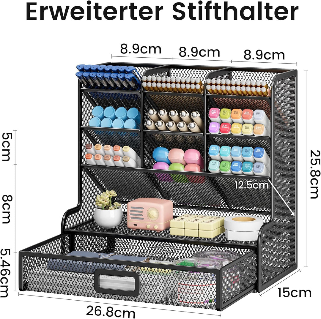 VITVITI Schreibtisch Organizer, 9 Fächer Stiftehalter mit Schublade, Netz Stifte Regal aus Metall, S