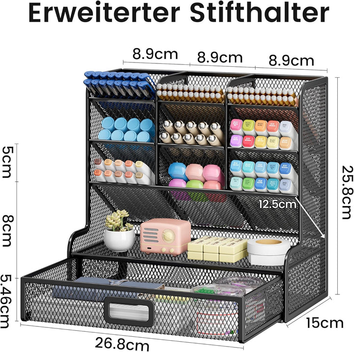 VITVITI Schreibtisch Organizer, 9 Fächer Stiftehalter mit Schublade, Netz Stifte Regal aus Metall, S