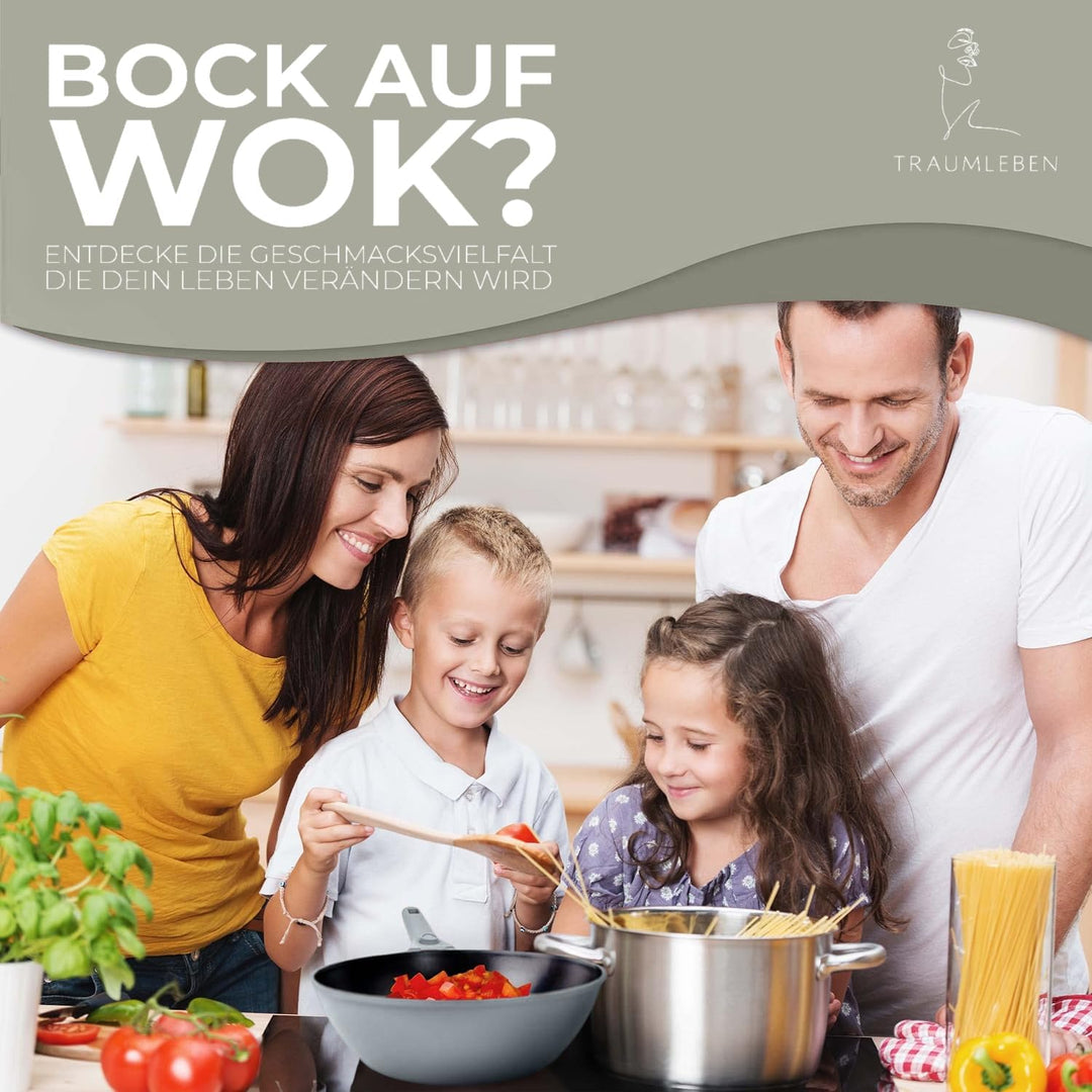 Wokpfanne mit Deckel 28 cm [abnehmbaren Griffe & Antihaftbeschichtung] PFOA-frei, für Induktion geei