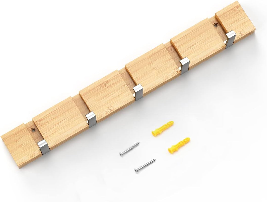 Anjuer Garderobenständer, Wandmontage, Kleiderständer, 5 Haken, einziehbar, robust, Huthalter, Bambu