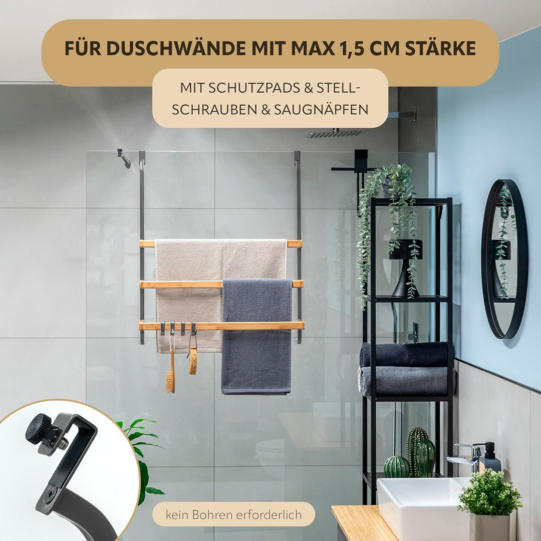 eluno Handtuchhalter für die Glasduschwand aus Metall und Bambus, Handtuchhalter mit 3 Handtuchstang