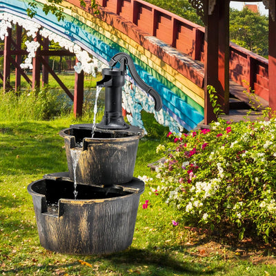 GOPLUS Gartenbrunnen Holz, Springbrunnen Zierbrunnen mit Wasserpumpe, Fassbrunnen Wasserfall, Holzbr