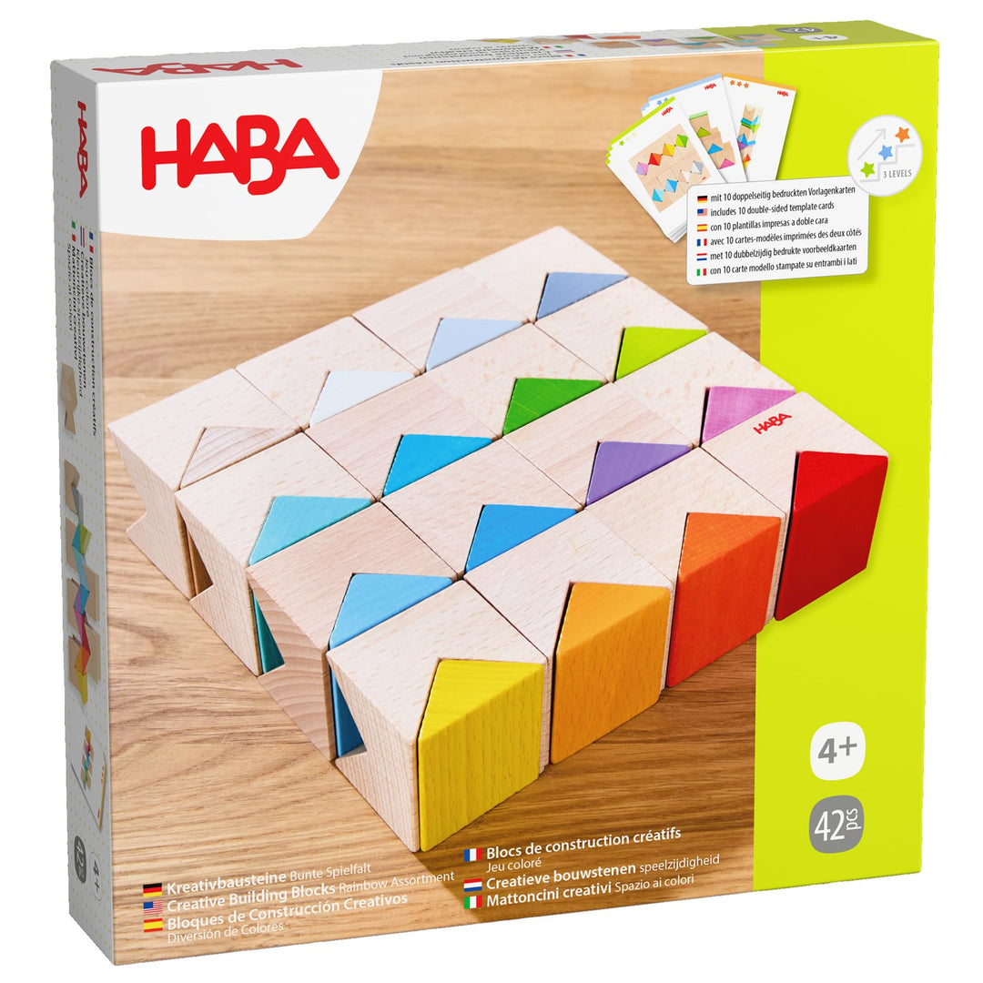 HABA Kreativbausteine – Buntes Bauset mit 32 Holzbausteinen & 10 Vorlagekarten – Fördert Kreativität
