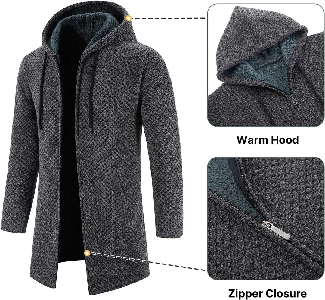 KUDORO Strickjacke Herren Cardigan Lang Trachtenjacke Kapuze mit Kapuze Gestrickt Pullover Hoodie Wi