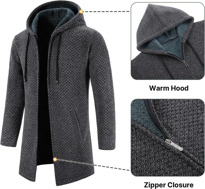 KUDORO Strickjacke Herren Cardigan Lang Trachtenjacke Kapuze mit Kapuze Gestrickt Pullover Hoodie Wi