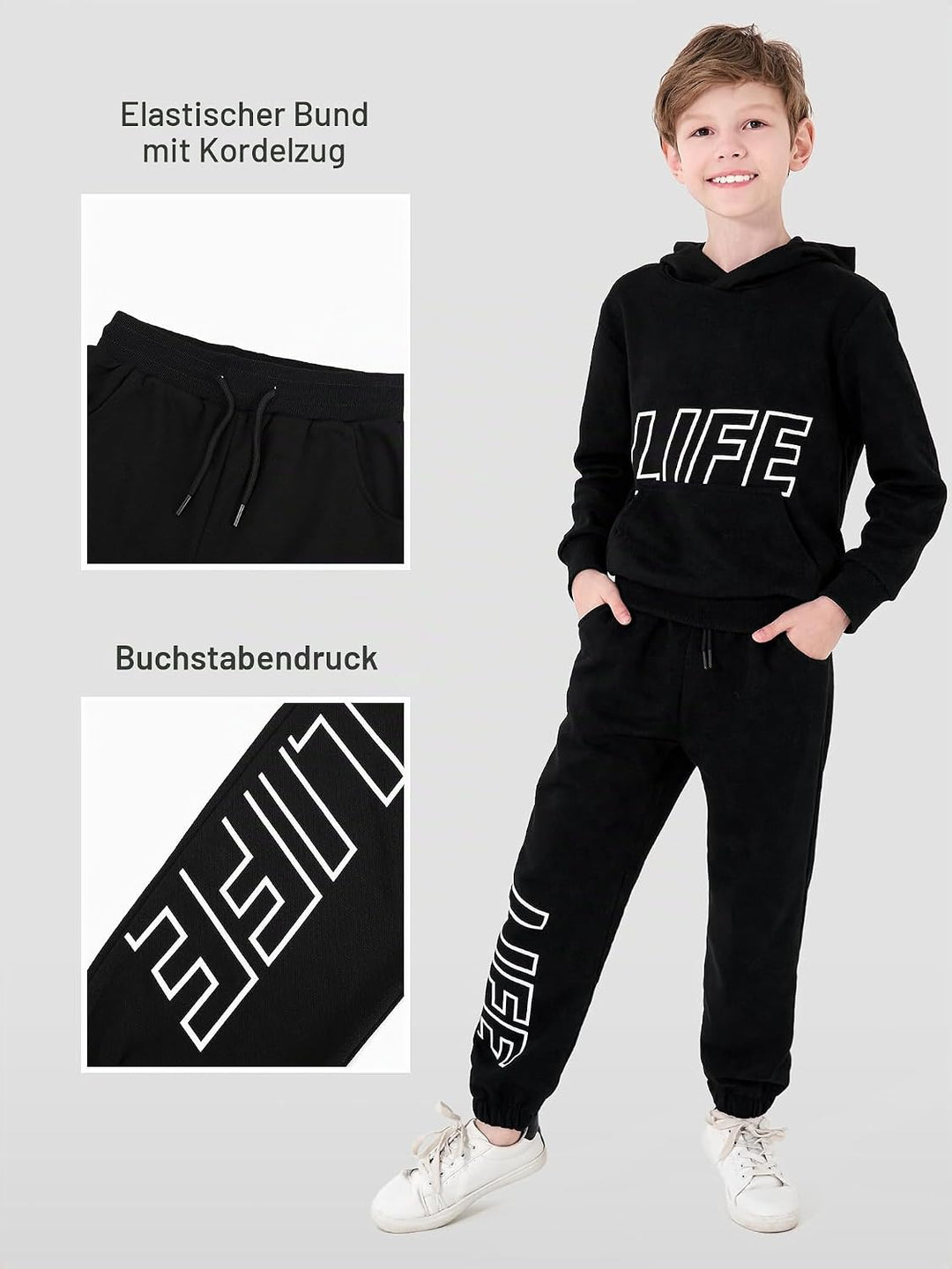 NATUST Kinder Trainingsanzug Jungen Mädchen Sportanzug Einfarbig Sweat Jogginganzug 120 Schwarz, 120
