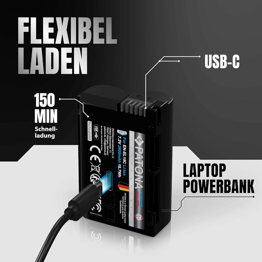 PATONA 2X Platinum EN-EL15C Akku 2600mAh USB-C kompatibel mit Nikon 1 V1 D7000 D7100 D7200 D7500 D50
