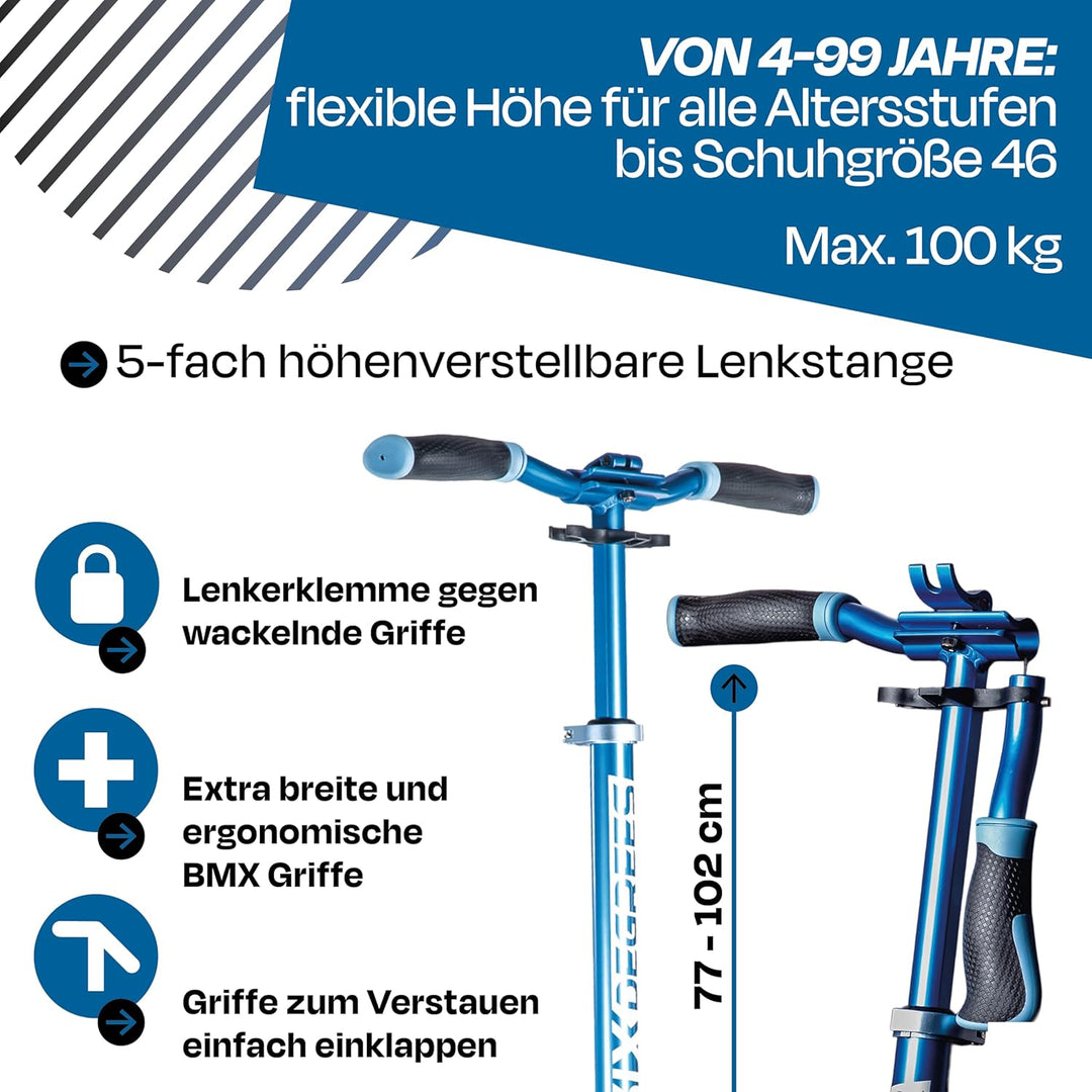 Six Degrees Aluminium Scooter mit Klappmechanismus, Ständer, 205 mm TESTSIEGER, ABEC 7, höhenverstel