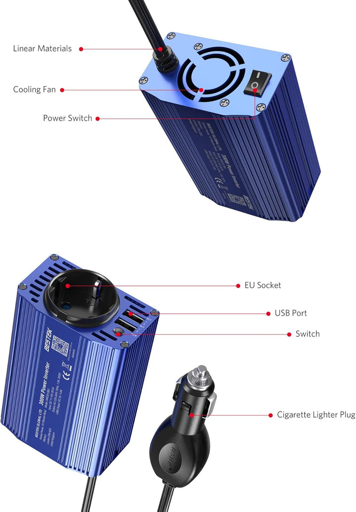 BESTEK 300W Wechselrichter/Spannungswandler 12v 230v /Stromwandler Inverter 12v auf 230v /mit Zertif