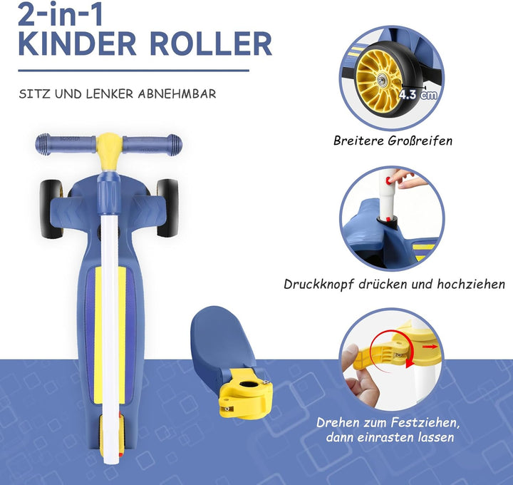 Wheelive 2-in-1 Kinder Roller mit Abnehmbarer Sitz, Kinder Scooter mit Blinkenden LED Räder, 4 Höhen