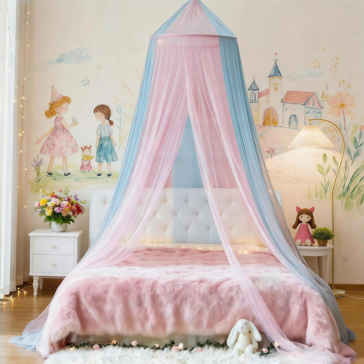 Zweifarbiger Betthimmel Moskitonetz rosa blau mit warmen Lichtern, Betthimmel für Mädchen Zimmerdeko