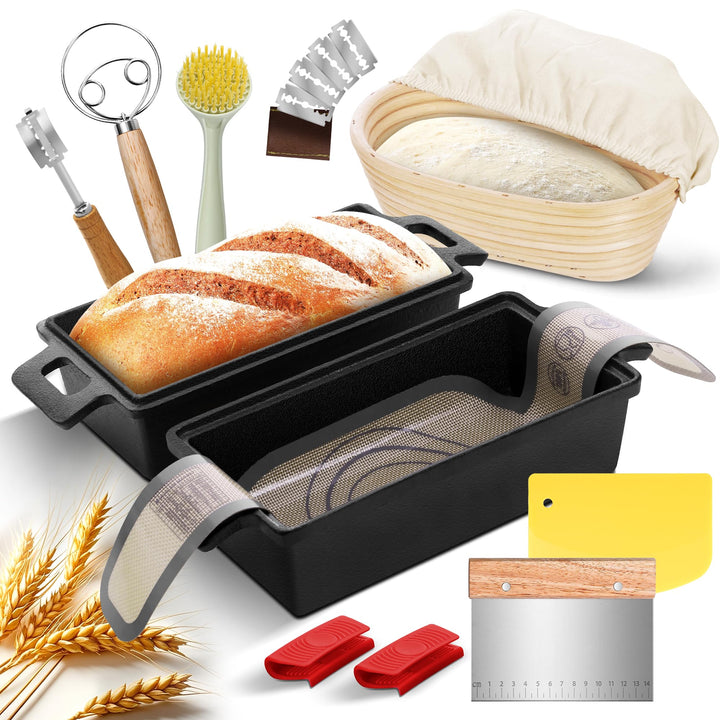 W&H Brotbackform mit Deckel,Gusseisen Topf inkl. Gärkorb, Ideal als Kastenform Brot, Toastbrot Backf