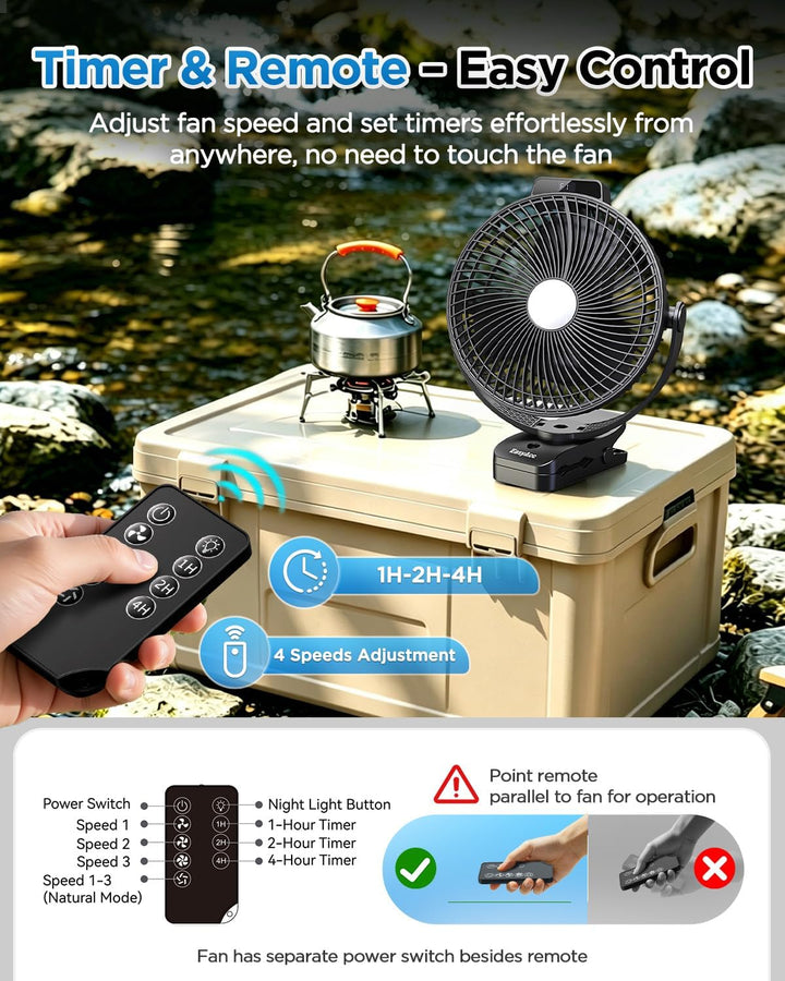 EasyAcc 20000mAh Camping Ventilator – 43 Std. Laufzeit, Fernbedienung & Timer, LED Licht, 360° Drehu
