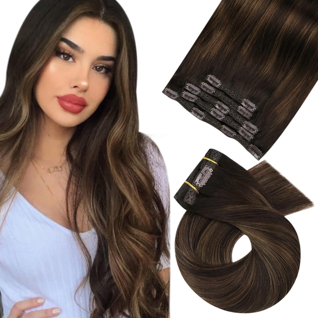 Moresoo Echthaar Extensions Clip Balayage Remy Clip in Extensions Echthaar Ombre Dunkelstes Braun mi