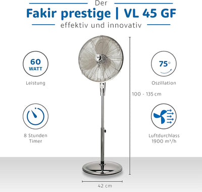 Fakir prestige VL 45 GF – Höhenverstellbarer Standventilator mit Fernbedienung & 3 Leistungsstufen I