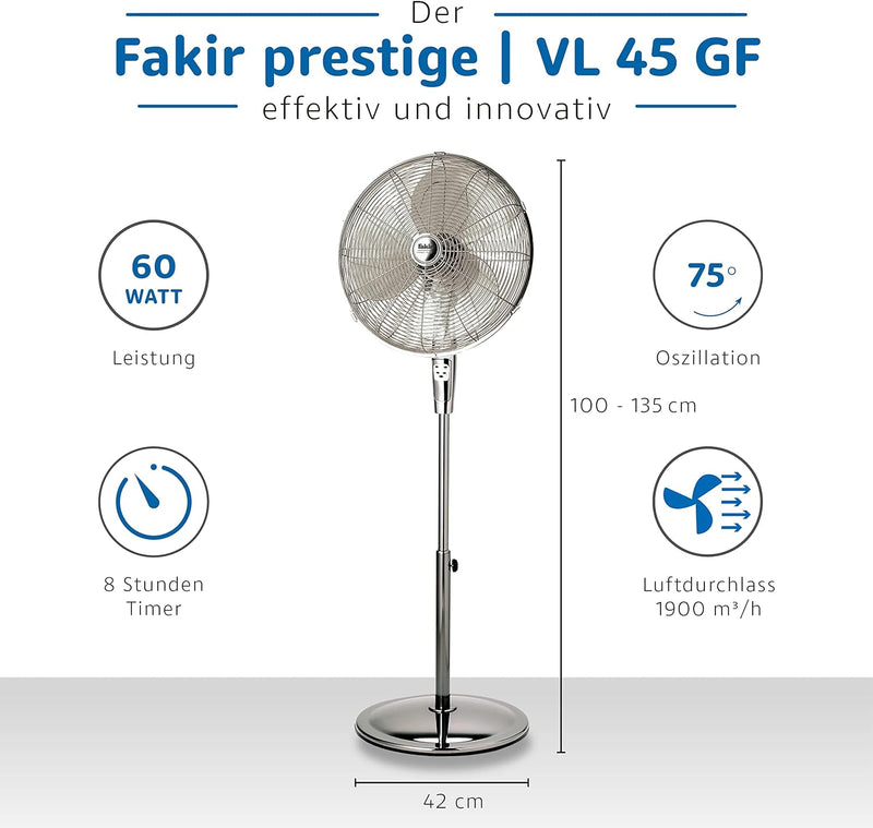 Fakir prestige VL 45 GF – Höhenverstellbarer Standventilator mit Fernbedienung & 3 Leistungsstufen I