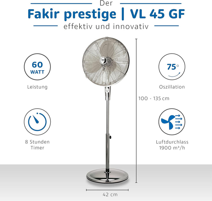 Fakir prestige VL 45 GF – Höhenverstellbarer Standventilator mit Fernbedienung & 3 Leistungsstufen I