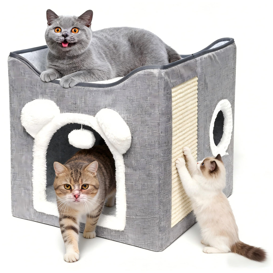 Katzenhaus, Hundehaus, faltbarer Katzenkorb mit 2 abnehmbaren Kissen, hängendem Ball und Kratzbrett,