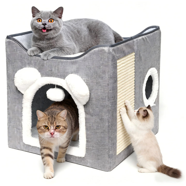 Katzenhaus, Hundehaus, faltbarer Katzenkorb mit 2 abnehmbaren Kissen, hängendem Ball und Kratzbrett,