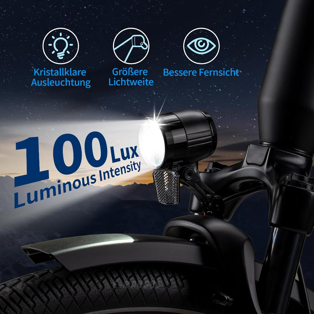 E-Bike Dynamo LED Fahrradlicht Vorne, 30-120 LUX StVZO Zulassung Frontlicht, Fahrradlicht mit Reflek
