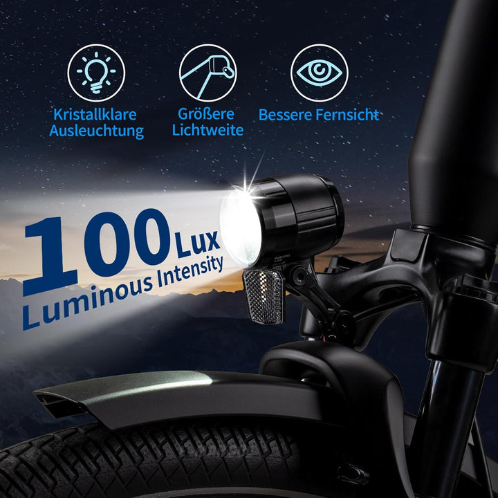 E-Bike Dynamo LED Fahrradlicht Vorne, 30-120 LUX StVZO Zulassung Frontlicht, Fahrradlicht mit Reflek