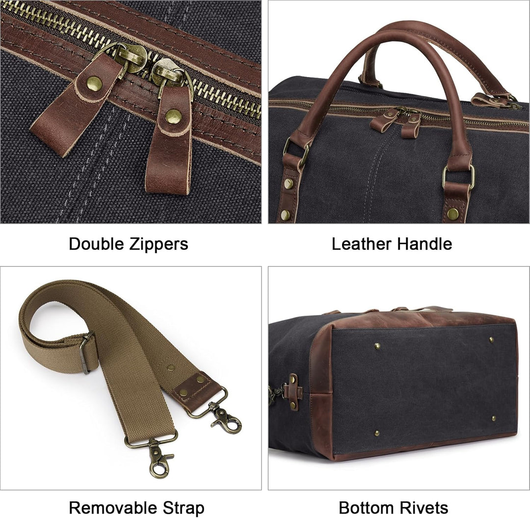 S-ZONE Reisetasche 60L Vintage Canvas Crazy Horse Leder Trim Unisex Handgepäck Weekender Tasche Spor