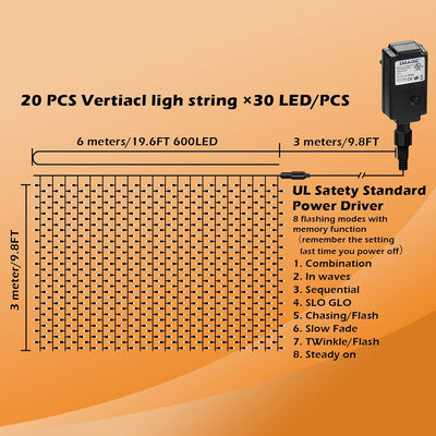 LED Lichtervorhang 6x3m Lichterkette mit 600 LEDs 8 Beleuchtungsmodi Deko für aussen Outdoor Hochzei