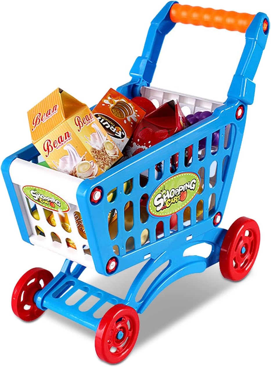 plplaaoo Kinder-Einkaufswagen, Spielzeug-Einkaufswagen mit vorgetäuschtem Essen, pädagogischer Kinde