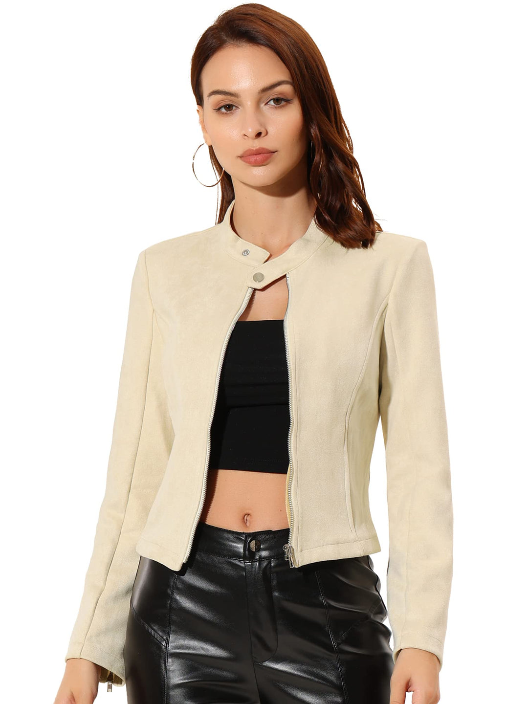 Allegra K Damen Faux Wildleder Jacke Stehkragen Reissverschluss Kurze Bikerjacke XS Beige, XS Beige