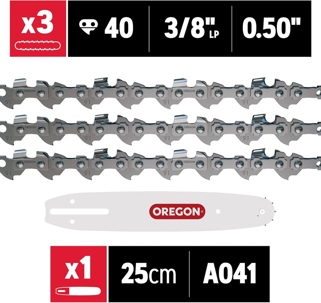Oregon 3er-Pack Stangensägeketten und 1 Führungsschiene - 3/8" LP, 1.3mm, 40 Antriebsglieder Sägeket