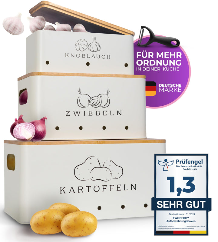 Kartoffel Aufbewahrungsbox (3er Set) inkl. Sparschäler- längere Haltbarkeit durch Luftzirkulation -