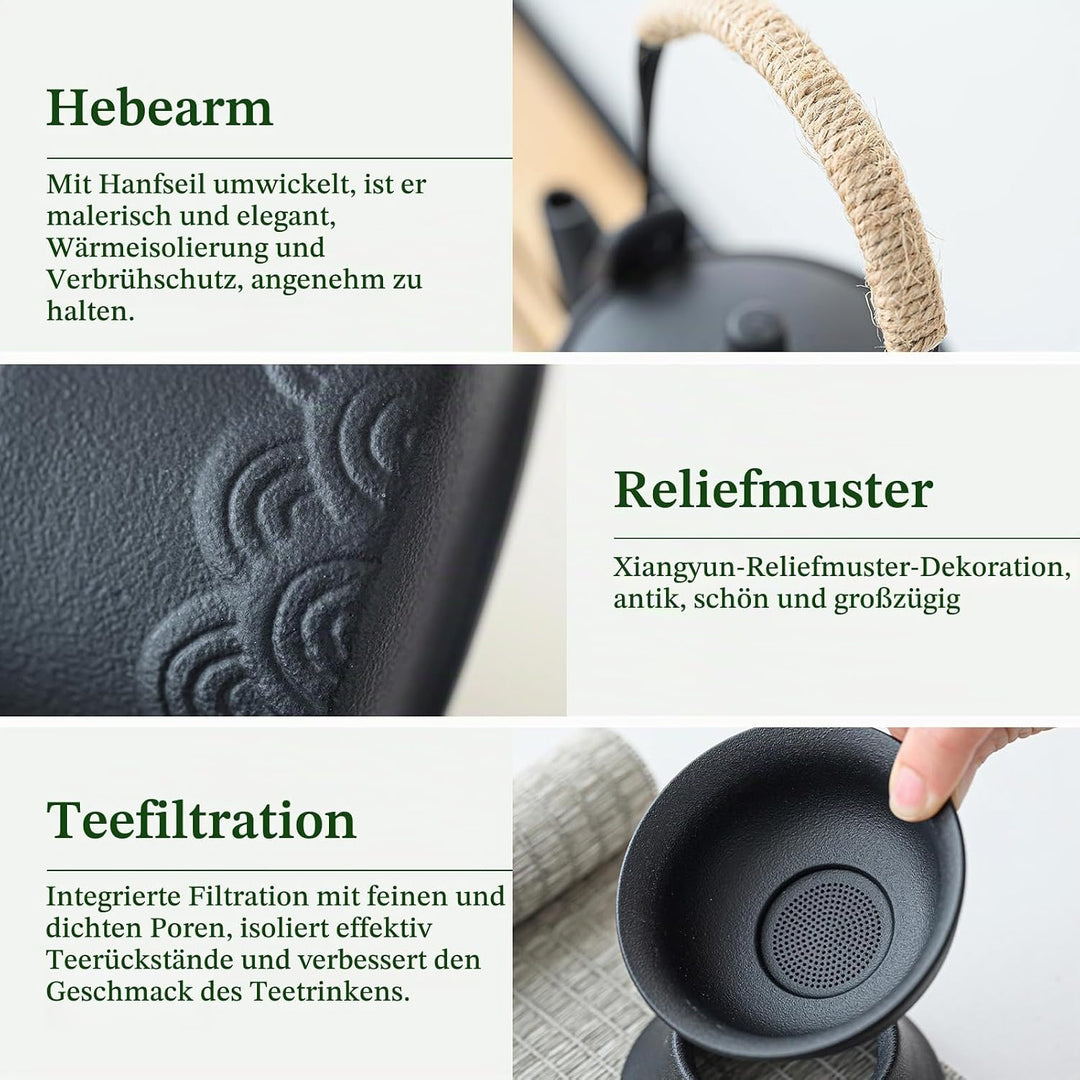 Tee-Set 14-teilig, Keramik schwarz, mit Kanne, 6 Tassen und Tablett | Japanisches Kung-Fu-Design. Tr