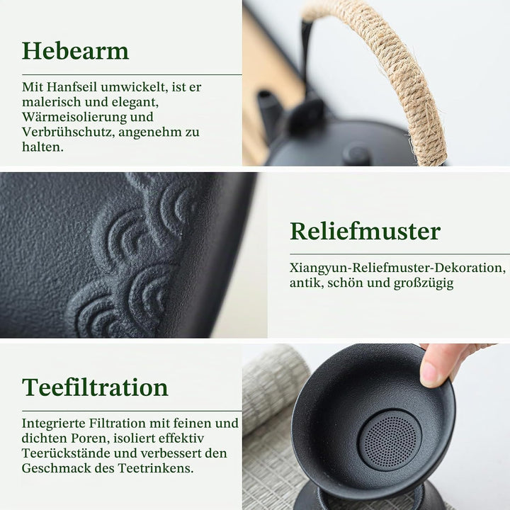 Tee-Set 14-teilig, Keramik schwarz, mit Kanne, 6 Tassen und Tablett | Japanisches Kung-Fu-Design. Tr