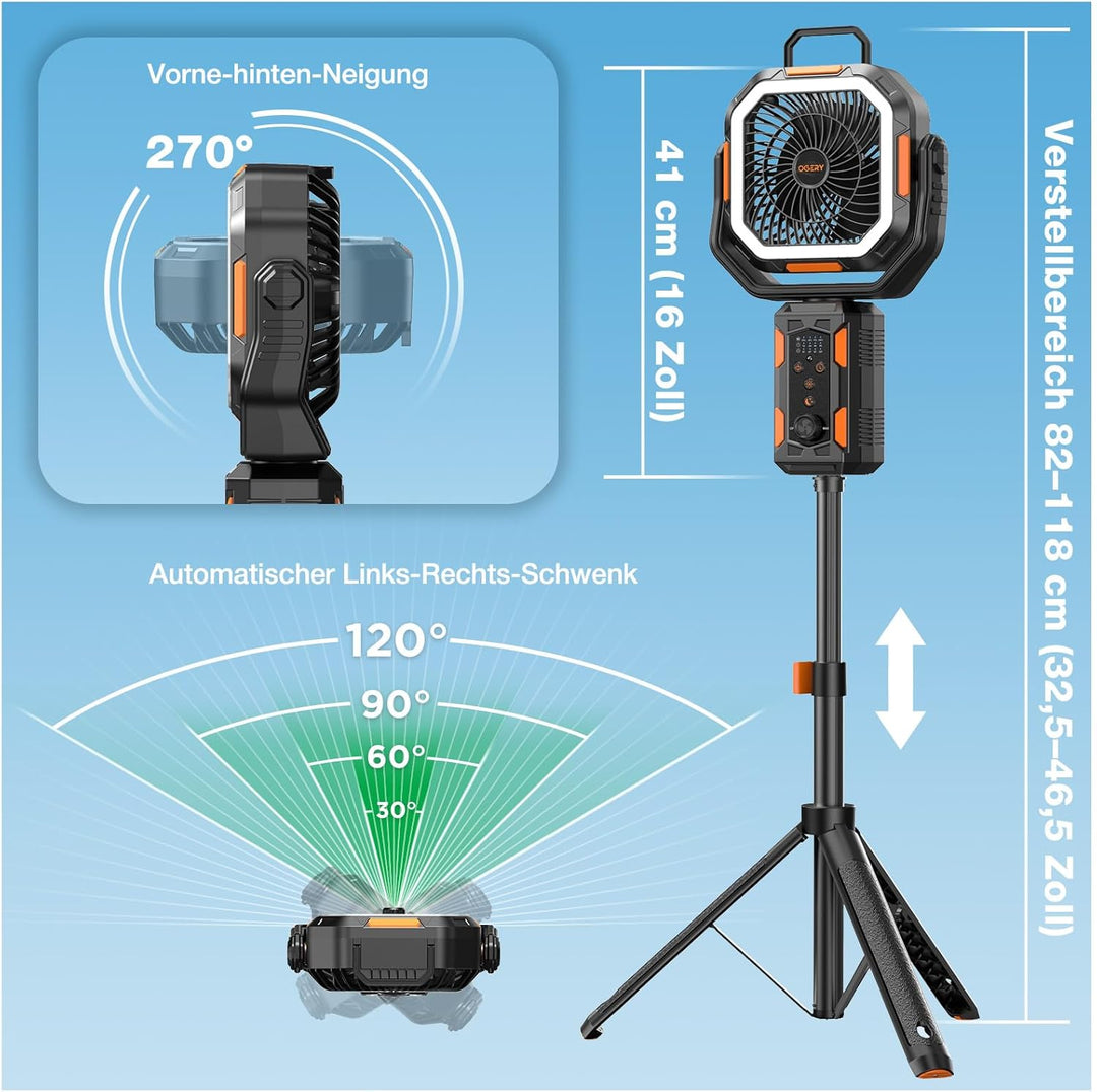 OGERY F21 Camping Ventilator mit Ständer, 20000mAh Wiederaufladbarer Akku, LED-Laterne, Leistungssta