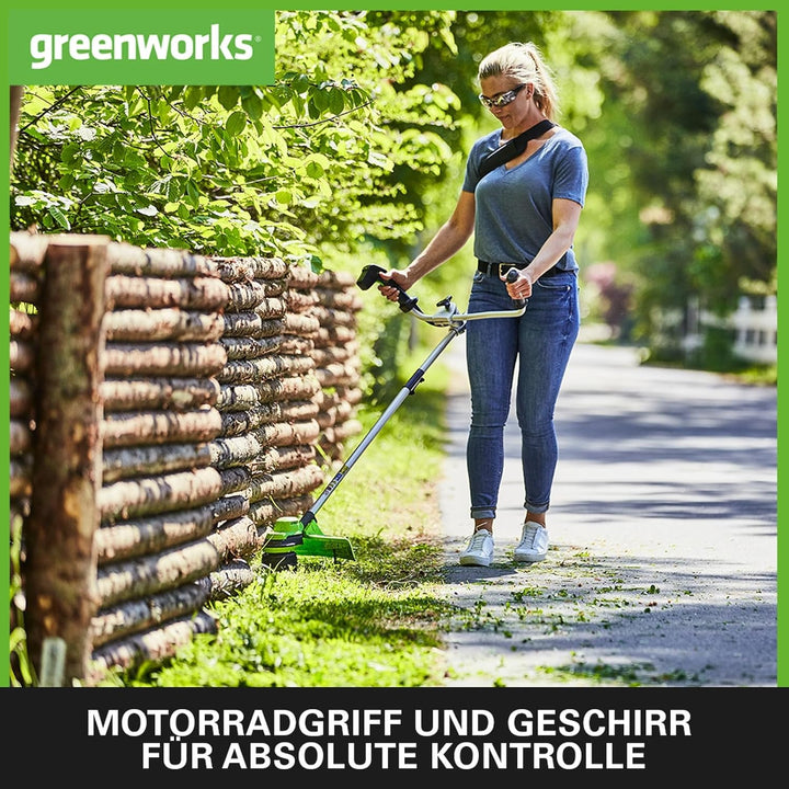 Greenworks GD24X2BCBK4x Akku Freischneider mit bürstenlosem Motor, Geschirr, Motorradgriff, 38 cm Sc