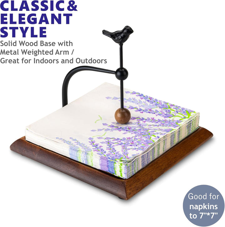 Holzserviettenhalter mit vogelartigem Griff – Eleganter flacher Serviettenhalter mit gewichtetem Arm