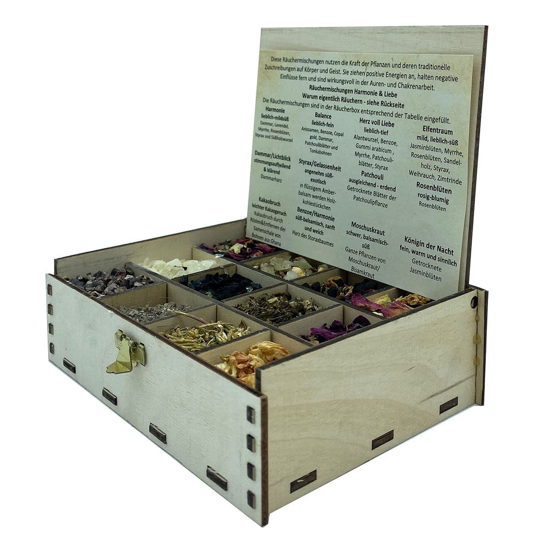 Geschenkbox Räucherbox mit 12 Sorten Räuchermischungen für Achtsamkeit und Liebe, 14 x 10 x 4 cm, Ac